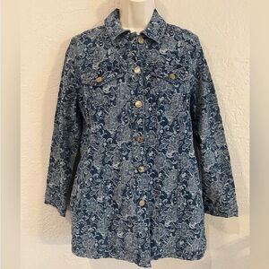 Chicos blue denim jacket with white flowers size 1